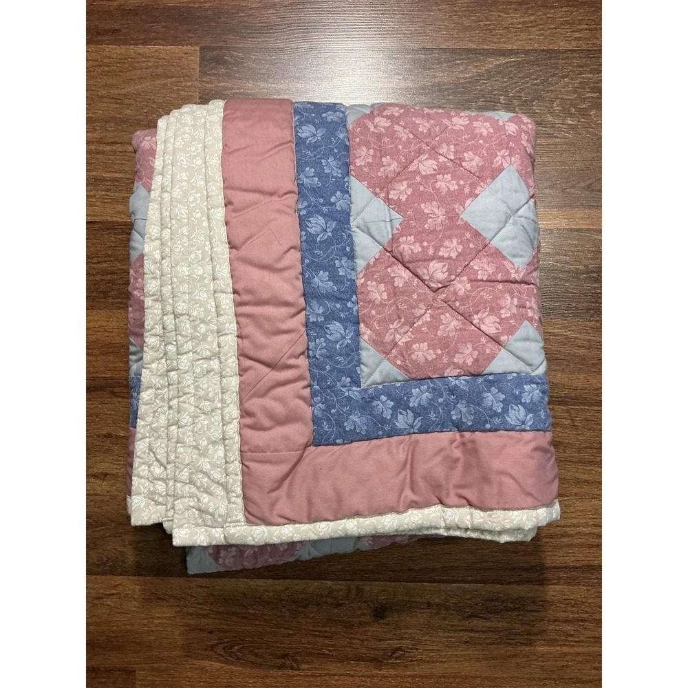 Handmade Floral Patchwork NINE PATCH Quilt Pink/Blue 67in x 54in *Customize